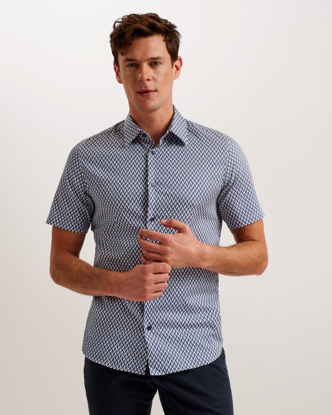 Chemises Ted Baker Short Sleeve Geo Printed Bleu Marine Homme | EVG-09957658